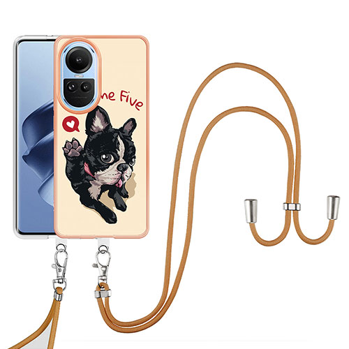 Silicone Candy Rubber Gel Fashionable Pattern Soft Case Cover with Lanyard Strap YB8 for Oppo Reno10 5G Khaki