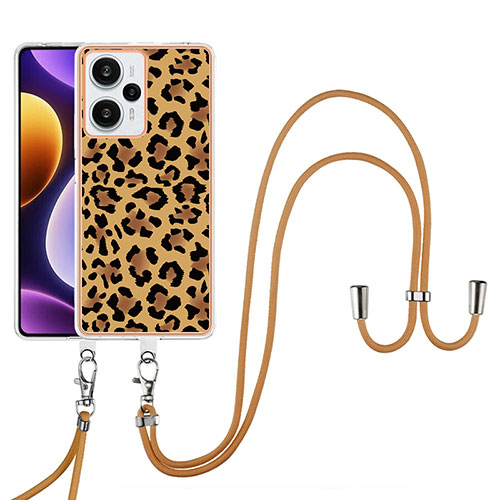 Silicone Candy Rubber Gel Fashionable Pattern Soft Case Cover with Lanyard Strap YB8 for Xiaomi Poco F5 5G Brown