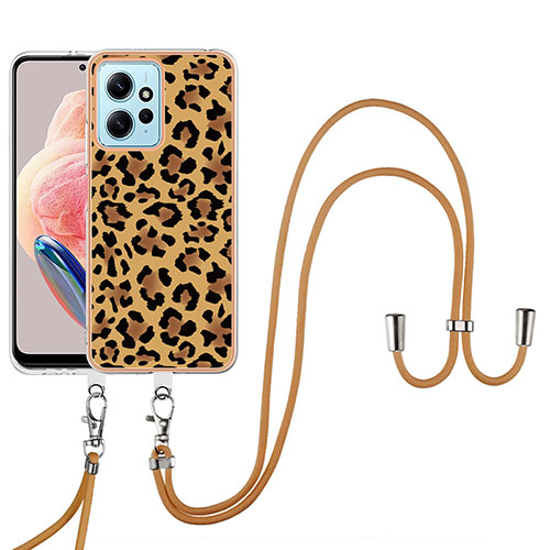 Silicone Candy Rubber Gel Fashionable Pattern Soft Case Cover with Lanyard Strap YB8 for Xiaomi Redmi Note 12 4G Brown