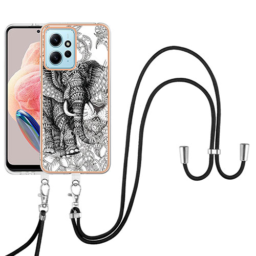 Silicone Candy Rubber Gel Fashionable Pattern Soft Case Cover with Lanyard Strap YB8 for Xiaomi Redmi Note 12 4G Gray