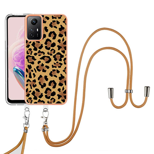 Silicone Candy Rubber Gel Fashionable Pattern Soft Case Cover with Lanyard Strap YB8 for Xiaomi Redmi Note 12S Brown