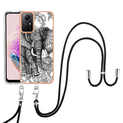 Silicone Candy Rubber Gel Fashionable Pattern Soft Case Cover with Lanyard Strap YB8 for Xiaomi Redmi Note 12S Gray