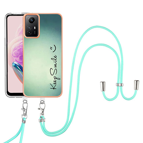 Silicone Candy Rubber Gel Fashionable Pattern Soft Case Cover with Lanyard Strap YB8 for Xiaomi Redmi Note 12S Green