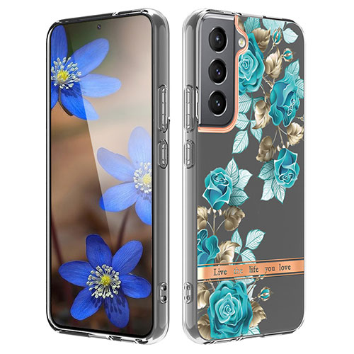 Silicone Candy Rubber Gel Flowers Soft Case Cover for Samsung Galaxy S22 5G Cyan