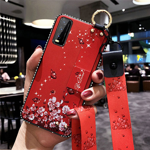 Silicone Candy Rubber Gel Flowers Soft Case Cover for Vivo Y20 Red