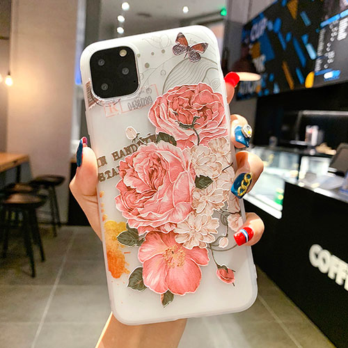 Silicone Candy Rubber Gel Flowers Soft Case Cover H15 for Apple iPhone 11 Pro Max Pink