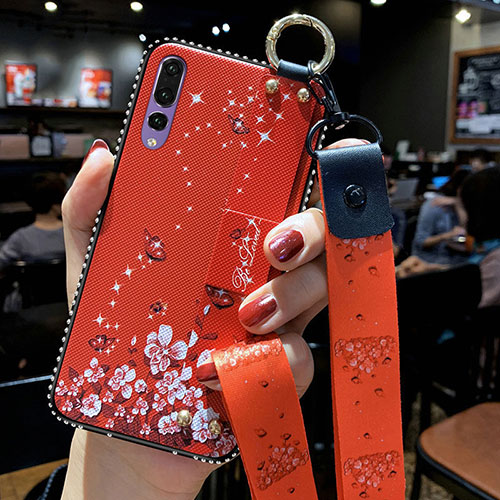 Silicone Candy Rubber Gel Flowers Soft Case Cover K03 for Huawei P20 Pro Red