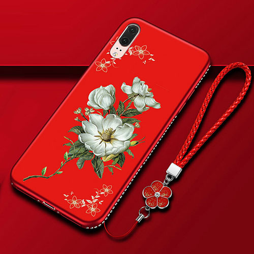 Silicone Candy Rubber Gel Flowers Soft Case Cover K03 for Huawei P20 Red