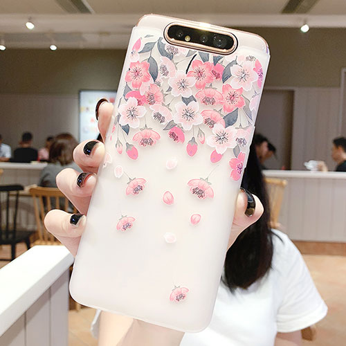 Silicone Candy Rubber Gel Flowers Soft Case Cover S01 for Samsung Galaxy A90 4G Pink