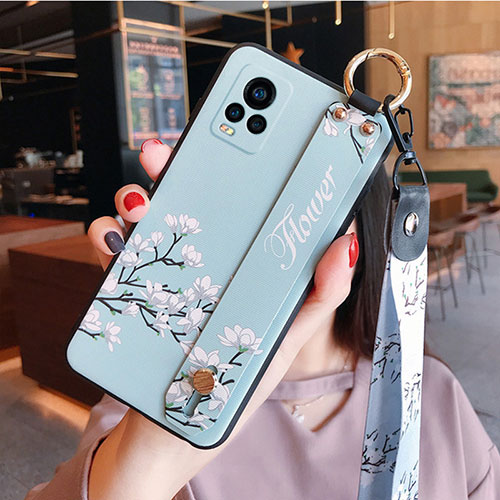 Silicone Candy Rubber Gel Flowers Soft Case Cover S01 for Vivo V20 Pro 5G Mint Blue