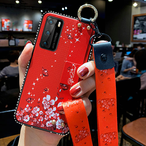 Silicone Candy Rubber Gel Flowers Soft Case Cover S02 for Huawei P40 Red