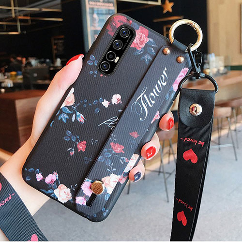 Silicone Candy Rubber Gel Flowers Soft Case Cover S02 for Oppo Reno3 Pro Black