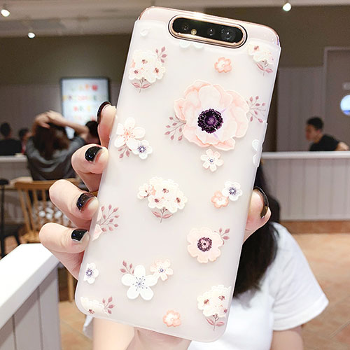 Silicone Candy Rubber Gel Flowers Soft Case Cover S04 for Samsung Galaxy A90 4G Pink