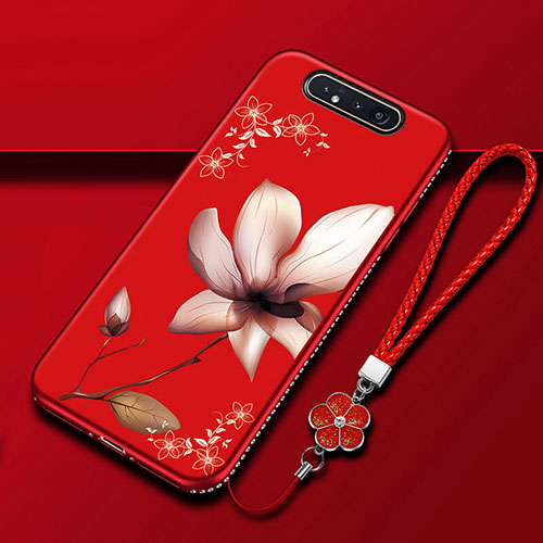 Silicone Candy Rubber Gel Flowers Soft Case Cover S06 for Samsung Galaxy A80 Red Wine