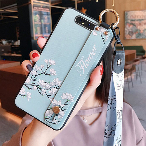 Silicone Candy Rubber Gel Flowers Soft Case Cover S07 for Samsung Galaxy A80 Cyan