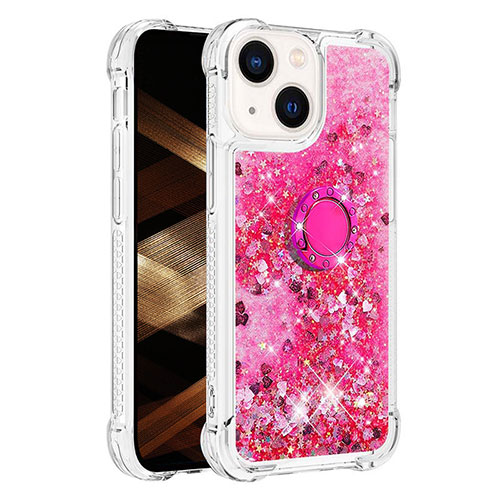 Silicone Candy Rubber TPU Bling-Bling Soft Case Cover with Finger Ring Stand S01 for Apple iPhone 15 Hot Pink