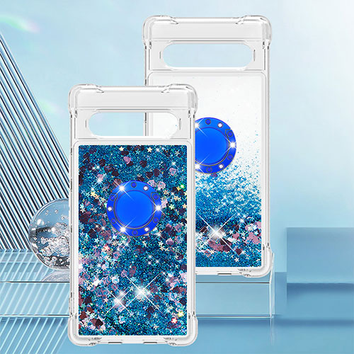 Silicone Candy Rubber TPU Bling-Bling Soft Case Cover with Finger Ring Stand S01 for Google Pixel 7a 5G Blue