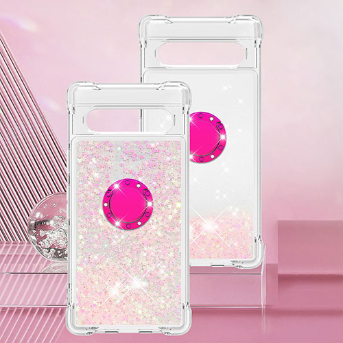 Silicone Candy Rubber TPU Bling-Bling Soft Case Cover with Finger Ring Stand S01 for Google Pixel 7a 5G Pink
