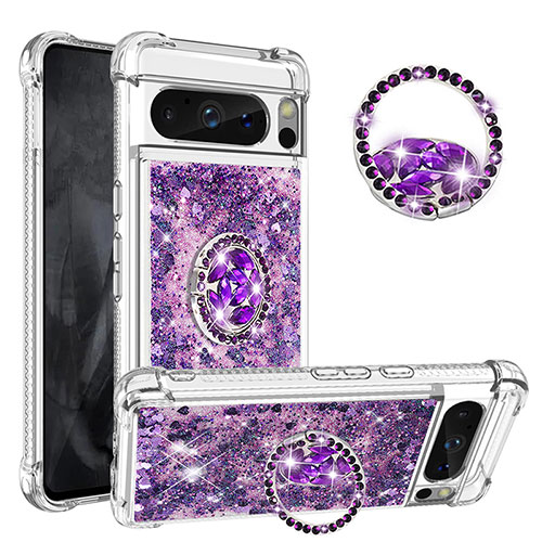 Silicone Candy Rubber TPU Bling-Bling Soft Case Cover with Finger Ring Stand S01 for Google Pixel 8 Pro 5G Purple