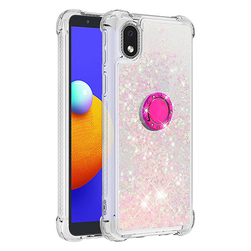 Silicone Candy Rubber TPU Bling-Bling Soft Case Cover with Finger Ring Stand S01 for Samsung Galaxy A01 Core Pink