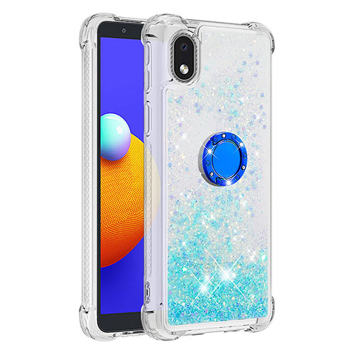 Silicone Candy Rubber TPU Bling-Bling Soft Case Cover with Finger Ring Stand S01 for Samsung Galaxy A01 Core Sky Blue