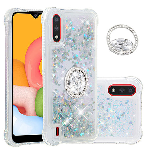 Silicone Candy Rubber TPU Bling-Bling Soft Case Cover with Finger Ring Stand S01 for Samsung Galaxy A01 SM-A015 Silver