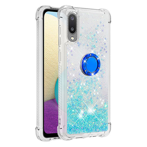 Silicone Candy Rubber TPU Bling-Bling Soft Case Cover with Finger Ring Stand S01 for Samsung Galaxy A02 Cyan