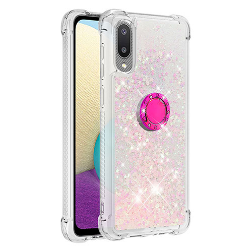 Silicone Candy Rubber TPU Bling-Bling Soft Case Cover with Finger Ring Stand S01 for Samsung Galaxy A02 Pink