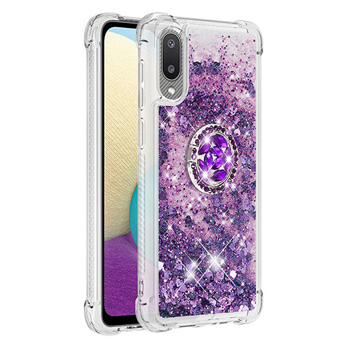 Silicone Candy Rubber TPU Bling-Bling Soft Case Cover with Finger Ring Stand S01 for Samsung Galaxy A02 Purple