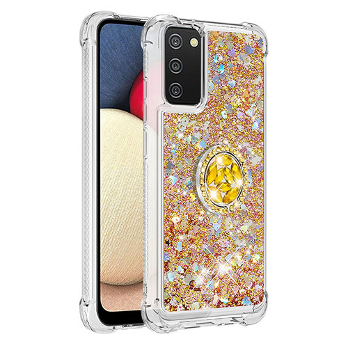 Silicone Candy Rubber TPU Bling-Bling Soft Case Cover with Finger Ring Stand S01 for Samsung Galaxy A03s Gold