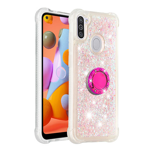 Silicone Candy Rubber TPU Bling-Bling Soft Case Cover with Finger Ring Stand S01 for Samsung Galaxy A11 Pink