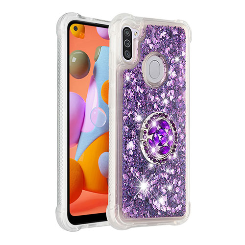 Silicone Candy Rubber TPU Bling-Bling Soft Case Cover with Finger Ring Stand S01 for Samsung Galaxy A11 Purple