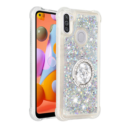 Silicone Candy Rubber TPU Bling-Bling Soft Case Cover with Finger Ring Stand S01 for Samsung Galaxy A11 Silver