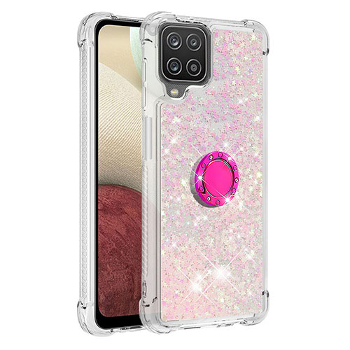 Silicone Candy Rubber TPU Bling-Bling Soft Case Cover with Finger Ring Stand S01 for Samsung Galaxy A12 5G Pink