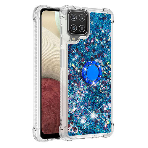 Silicone Candy Rubber TPU Bling-Bling Soft Case Cover with Finger Ring Stand S01 for Samsung Galaxy A12 Blue