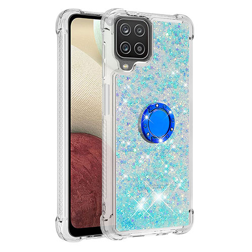 Silicone Candy Rubber TPU Bling-Bling Soft Case Cover with Finger Ring Stand S01 for Samsung Galaxy A12 Nacho Sky Blue