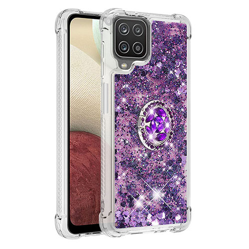 Silicone Candy Rubber TPU Bling-Bling Soft Case Cover with Finger Ring Stand S01 for Samsung Galaxy A12 Purple