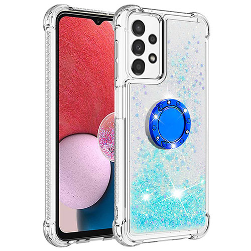 Silicone Candy Rubber TPU Bling-Bling Soft Case Cover with Finger Ring Stand S01 for Samsung Galaxy A13 4G Cyan