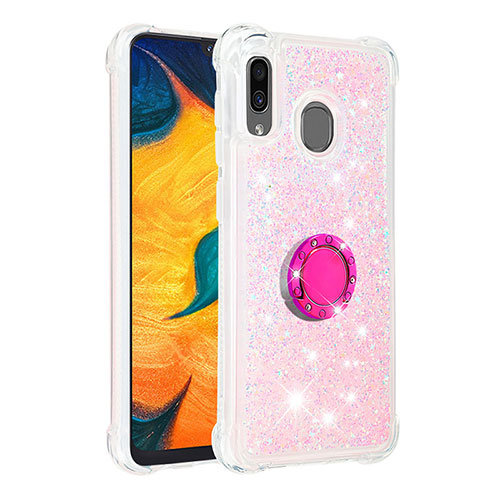 Silicone Candy Rubber TPU Bling-Bling Soft Case Cover with Finger Ring Stand S01 for Samsung Galaxy A20 Pink