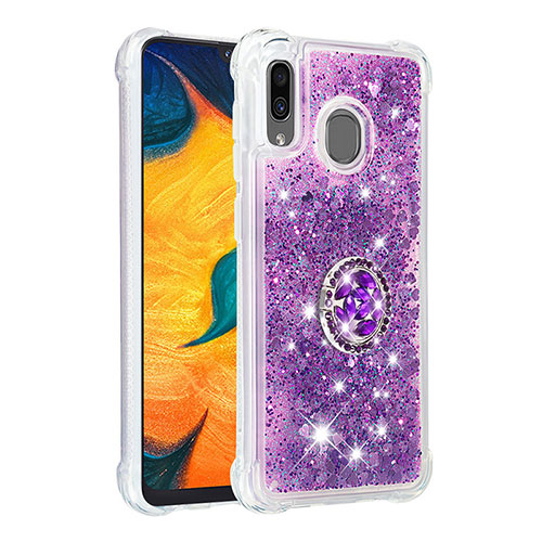 Silicone Candy Rubber TPU Bling-Bling Soft Case Cover with Finger Ring Stand S01 for Samsung Galaxy A20 Purple