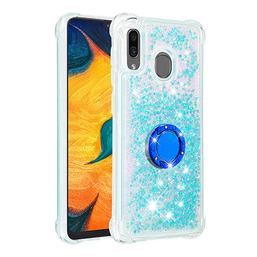 Silicone Candy Rubber TPU Bling-Bling Soft Case Cover with Finger Ring Stand S01 for Samsung Galaxy A20 Sky Blue