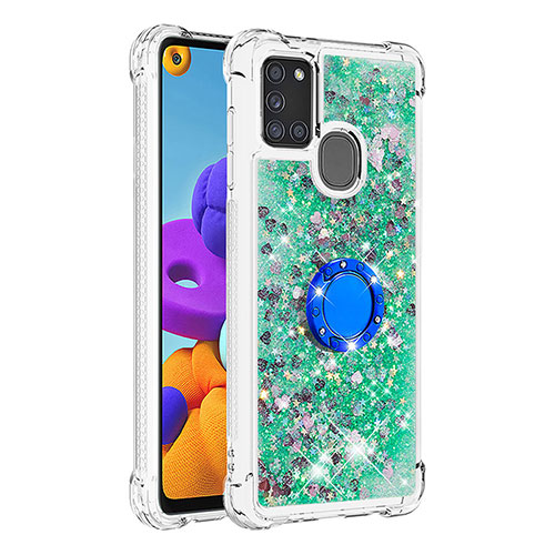 Silicone Candy Rubber TPU Bling-Bling Soft Case Cover with Finger Ring Stand S01 for Samsung Galaxy A21s Green