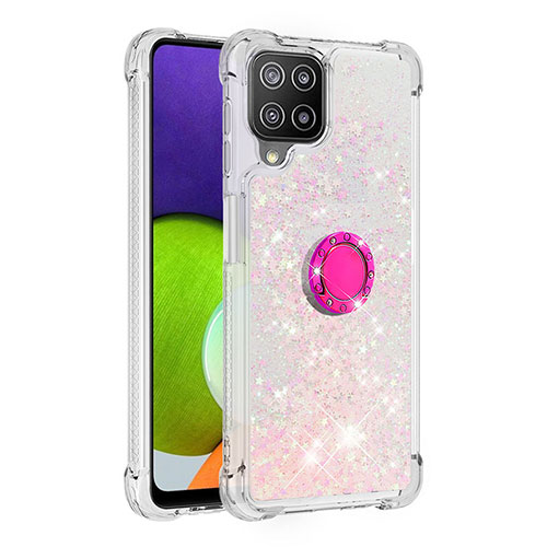 Silicone Candy Rubber TPU Bling-Bling Soft Case Cover with Finger Ring Stand S01 for Samsung Galaxy A22 4G Pink