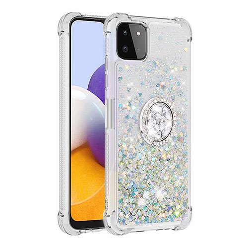 Silicone Candy Rubber TPU Bling-Bling Soft Case Cover with Finger Ring Stand S01 for Samsung Galaxy A22 5G Silver