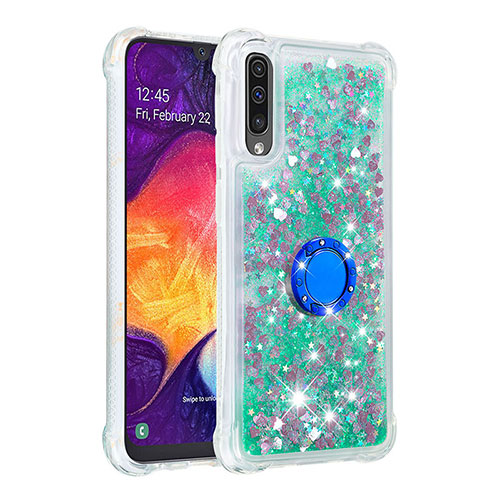 Silicone Candy Rubber TPU Bling-Bling Soft Case Cover with Finger Ring Stand S01 for Samsung Galaxy A30S Green