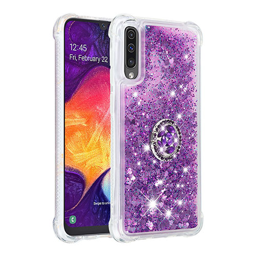 Silicone Candy Rubber TPU Bling-Bling Soft Case Cover with Finger Ring Stand S01 for Samsung Galaxy A30S Purple