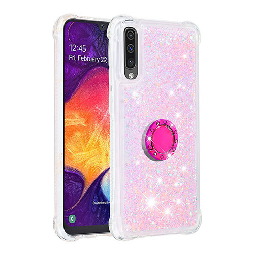 Silicone Candy Rubber TPU Bling-Bling Soft Case Cover with Finger Ring Stand S01 for Samsung Galaxy A50 Pink