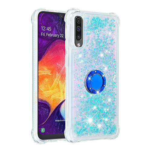 Silicone Candy Rubber TPU Bling-Bling Soft Case Cover with Finger Ring Stand S01 for Samsung Galaxy A50 Sky Blue