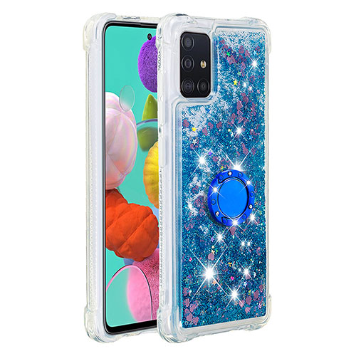 Silicone Candy Rubber TPU Bling-Bling Soft Case Cover with Finger Ring Stand S01 for Samsung Galaxy A51 4G Blue