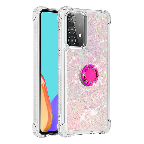 Silicone Candy Rubber TPU Bling-Bling Soft Case Cover with Finger Ring Stand S01 for Samsung Galaxy A52 5G Hot Pink